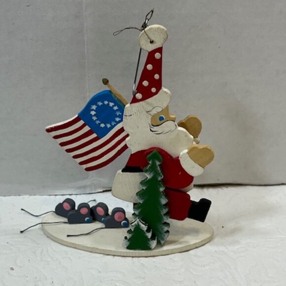 VTG Emgee Ornament Santa Marching with Flag Bicentennial Wooden 3.5"x5" - Picture 3 of 9